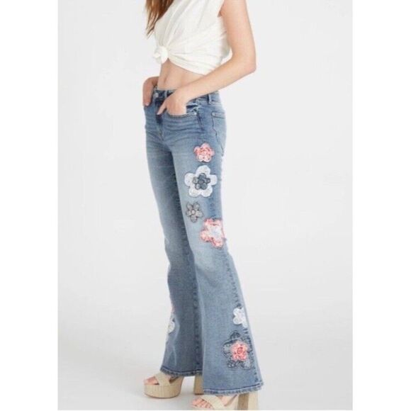 DRIFTWOOD Denim - Free People Driftwood Flare Farrah American Bandstand Embroidred Jeans 33*34 NWT